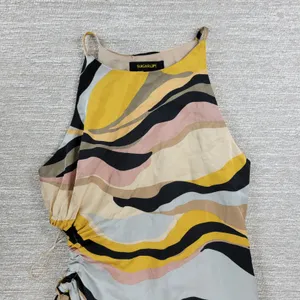 Sugarlips Lourdes Cut Out Dress Womens Large Yellow Tan Ruched Midi Silky Lined thumbnail 12