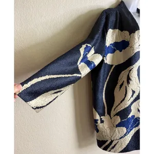 Chicos Travelers 3 US XL Womens Jacket Navy Blue Cream Floral Open Front Crinkle thumbnail 4