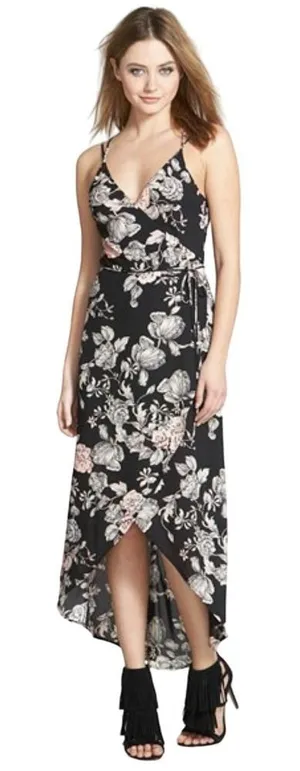 ASTR the Label Womens Black Floral High-Low Wrap‎ Dress ADR93361 XS thumbnail 1