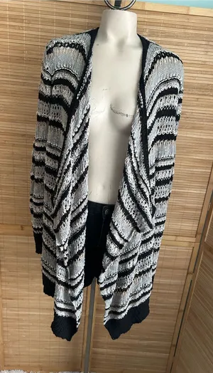 American Eagle Women's Striped black gray Open Front Knit Cardigan Sweater small thumbnail 1