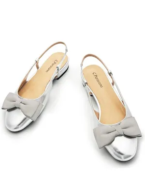 C. Paravano Size 8.5 (EU 39.5)- Sling Back Flats - Silver With Bow Accent. thumbnail 2