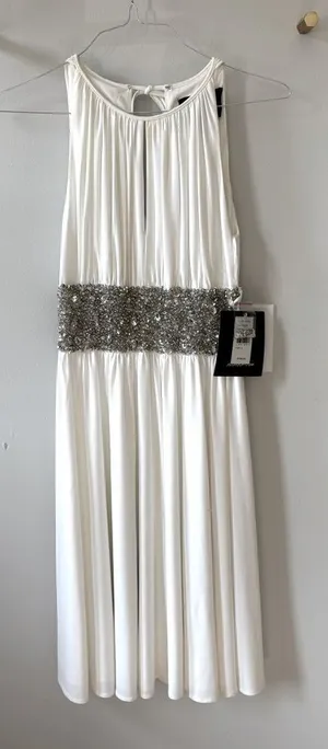 JS Boutique White Cocktail Midi Dress with Silver Sequin Waistband thumbnail 1