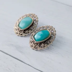 Vintage Clip On Earrings Large Ornate Gold Tone with Green Center thumbnail 3