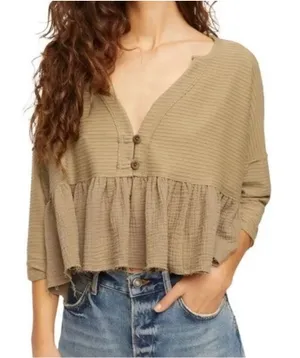 We The Free Free People Dallas Crop Henley Top S Olive Green Peplum Boho Grunge thumbnail 1