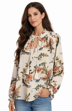 Entro Boho Floral Peasant Blouse Cream Bird Print Tassel Tie Top thumbnail 1