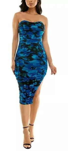 BCX Macys Dress Womens XS Blue Abstract Floral Ruched Mesh Midi Bodycon Slit thumbnail 1