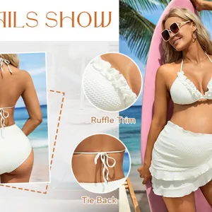 Maternity 3 Piece Swimsuit Textured Ruffle Halter Bikini Set w/ Skirt LARGE thumbnail 7
