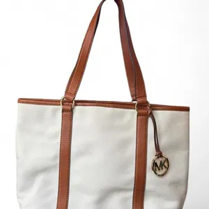 Michael Kors Jet Set Ivory Canvas Brown Leather Trim Tote Bag MK Charm thumbnail 1