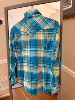 Women's Ariat Blue Yellow Plaid Fitted Button Down Shirt S thumbnail 5