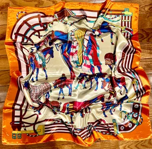 Vintage classic EQUESTRIAN horses PRINT ORANGE/ off white SQUAR SILK SCARF 35/35 thumbnail 1