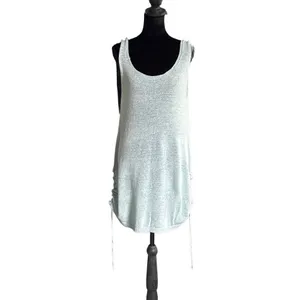 Knit Beach Cover Up Mini Dress Ruched Side Drawstring Scoop Back Light Blue thumbnail 2