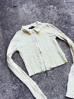 Forever 21 Ribbed Knit Zip Polo Cardigan Size S Cream thumbnail 2