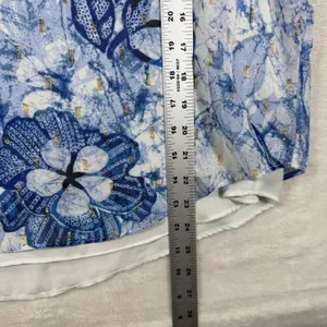 White House Black Market Blue Floral Batik Poncho Blouse Gold Lurex Medium thumbnail 4