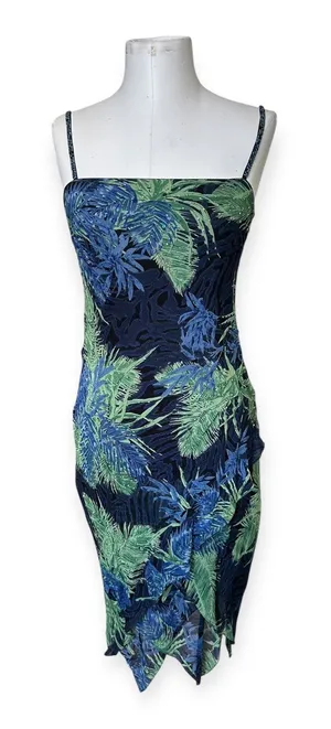 Vintage 90s Y2K Eva Blue Beaded Tropical Print Slip Dress S Fairycore Coquette thumbnail 1