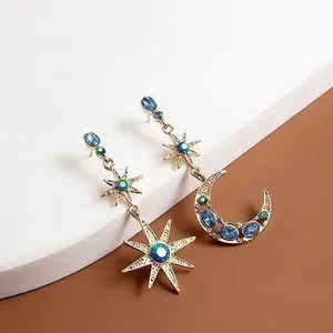 Asymmetrical Blue Crystal Star Moon Dangle Drop Earrings for Women thumbnail 1