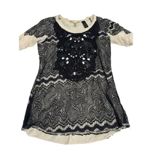 BKE Boutique Womens Small Black Lace Beaded Crochet‎ Bib Short Sleeve Top Cream thumbnail 2