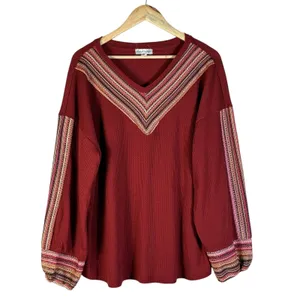 Casual Express Chevron Crochet Waffle Knit Top Burgundy Red Boho Size XL thumbnail 2