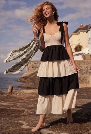 NEW LOVELO Smocked Tiered Maxi Dress Tie-Shoulder in Black and Cream MEDIUM thumbnail 1