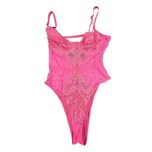 Pink Lace Teddy Bodysuit Womens Large Heart Print Sheer Mesh Underwire Lingerie thumbnail 7