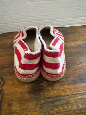 Tory Burch Fray Stripe Espadrille Flats Red White Canvas Logo Slip On Shoes 8.5 thumbnail 3