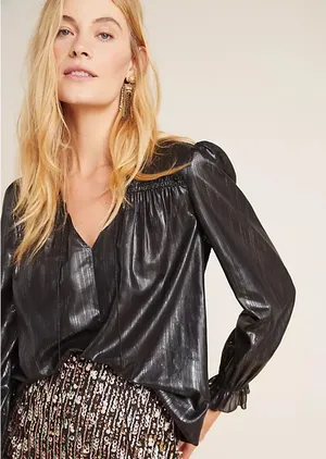 Anthropologie current air Bristol shiny black blouse size medium thumbnail 1