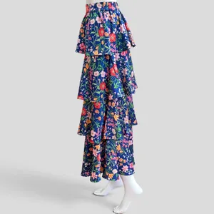 Skies Are Blue Maxi Skirt Small Blue Floral Tiered Ruffle Boho thumbnail 3