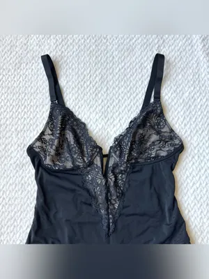 Plunge V Neck Shapewear Sculpting Thong Bodysuit L Black Lace Teddy Whimsigoth thumbnail 5