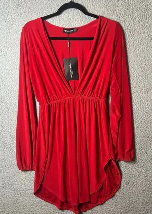 Pretty Little Thing Dress Womens 4 Red Slinky Plunge Split‎ Shift Stretch NEW thumbnail 1