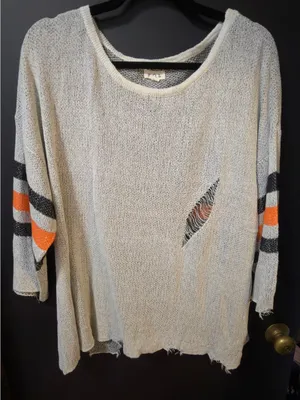 POL Cream Distressed Knit Pullover with Orange & Black Sleeve Stripes thumbnail 1