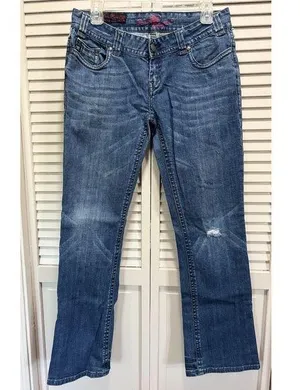Rock & Roll Cowgirl Med Wash Bootcut Denim Jeans Low Rise Size 30x32 Rhinestones thumbnail 1