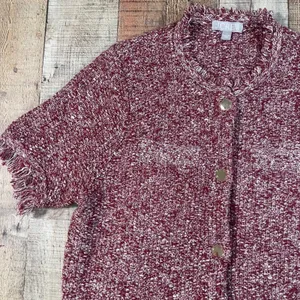 J.Crew Large Merlot Cropped Fringe Lady Jacket Gold Snap Marled Knit Sweater thumbnail 2