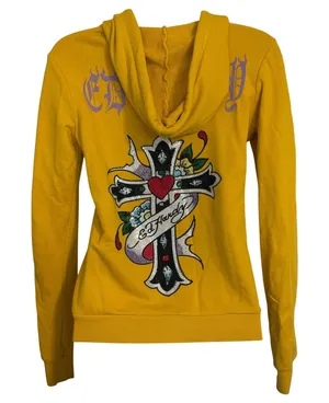 ED HARDY Rare Vintage Y2K Yellow Rhinestone Cross Heart Graphic Zip Up Hoodie XS thumbnail 1