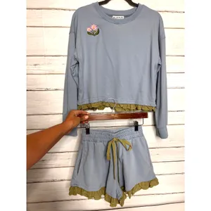 Blakely Blue Ruffle Lounge Set XS Embroidered Floral Sweatshirt Shorts Pockets thumbnail 13