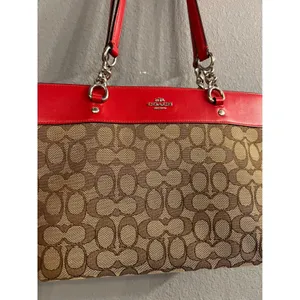 Coach Sophia Chain Tote‎ Bag RED Khaki Signature C Shoulder Laptop Carrier 37118 thumbnail 3