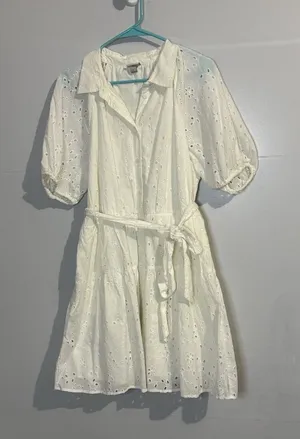 A New Day Size L 100% Cotton‎ Eyelet Puffed Balloon Sleeves Belted Lined Dress thumbnail 1