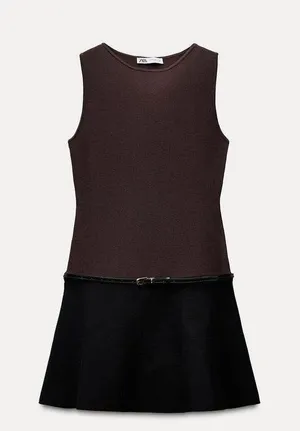 Zara NWT 2025 collection BLACK/BROWN sleeveless BELTED KNIT MINI DRESS S thumbnail 2