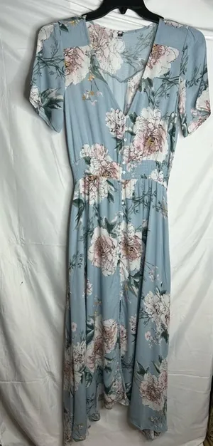 Light Blue Floral Rayon Crinkle maxi dress. Size XS. No brand tag. thumbnail 1