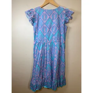 Bella Tu Ikat Mini Dress Womens XS Blue Purple Beaded Square Neck Flutter Sleeve thumbnail 2