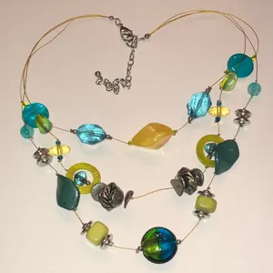 Yellow Green Blue Multicolor Silver Tone Boho Beaded Necklace thumbnail 1