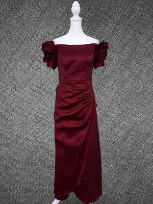 Xscape Burgundy Off Shoulder Ruffle Sleeve Ruched Formal Gown Size 10P thumbnail 2