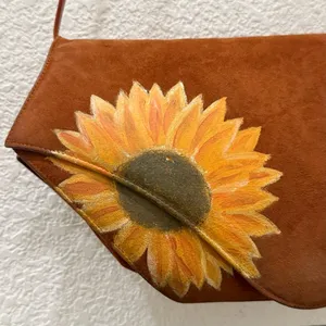 Vintage CHARLES JOURDAN Brown Suede Leather Hand-painted Sunflower Crossbody Bag thumbnail 8