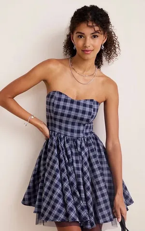 Francesca's Plaid strapless dress thumbnail 1