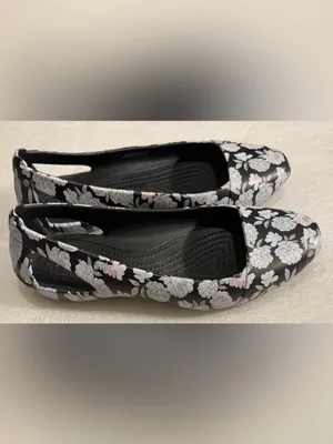 CROCS Black Floral Ballet Flats with White and Light Pink Print thumbnail 2