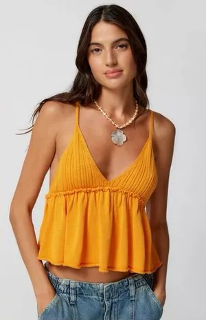 Kimchi Blue Tie Back Babydoll Crop Knit Cami Orange Boho Festival‎ Open Back Top thumbnail 1