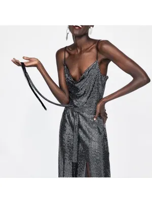 NWT Zara Silver Sequin Midi Dress With Fringed Belt and Side Slit thumbnail 4