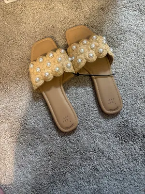 a new day Tan Scalloped Pearl Slide Sandals size 19 thumbnail 2