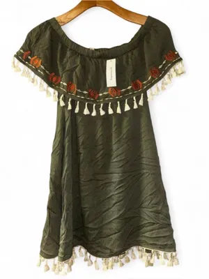 miami Olive Strapless Tassel Embroidered Swing Dress thumbnail 1