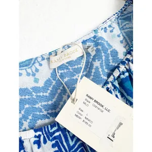 NWT RAMY Brook Milo Blue Printed Off The Shoulder Cropped Top Large Ruffle thumbnail 6