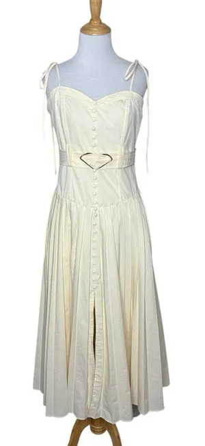 EBLuxe Cream Fitted Bodice Button Belted Ruffle Maxi Dress Size Medium thumbnail 1