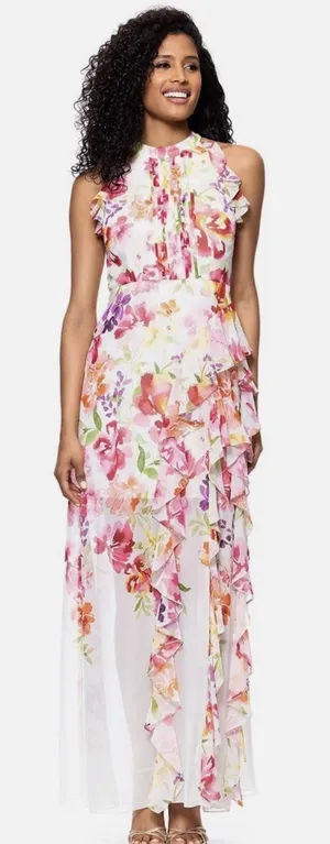 Betsy & Adam Pink Multi Floral Printed Chiffon Gown Size 4 $259 thumbnail 1